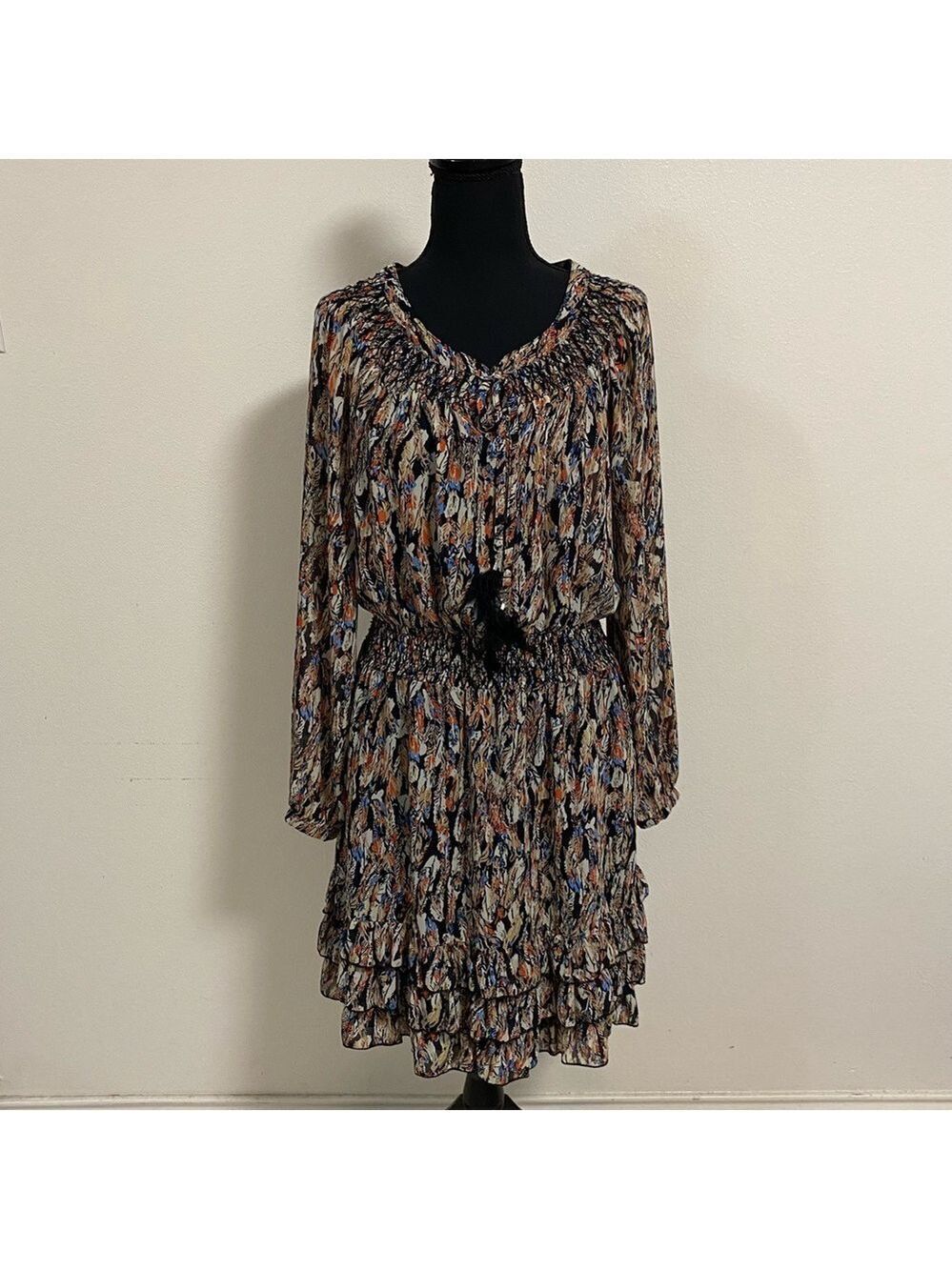 Scully black feather LS ruffle dress Size Small